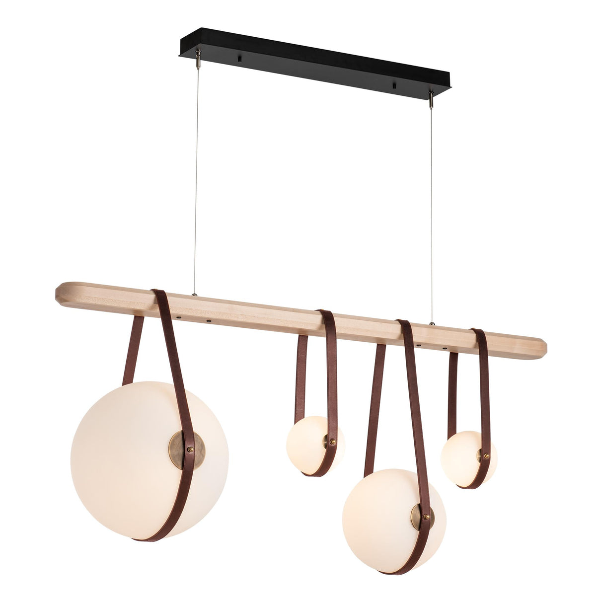 Hubbardton Forge 2021 Black Antique Brass British Brown Leather Maple Wood Opal Glass (GG) Standard Derby Linear 4-Light LED Pendant