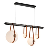 Hubbardton Forge 2021 Black Antique Brass Chestnut Leather Black Wood Opal Glass (GG) Standard Derby Linear 4-Light LED Pendant