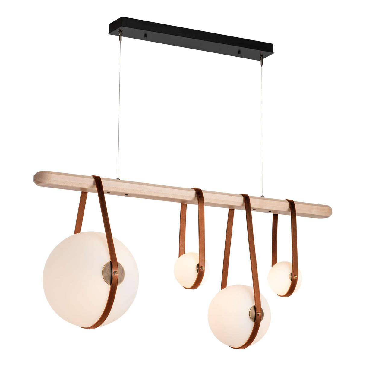 Hubbardton Forge 2021 Black Antique Brass Chestnut Leather Maple Wood Opal Glass (GG) Standard Derby Linear 4-Light LED Pendant