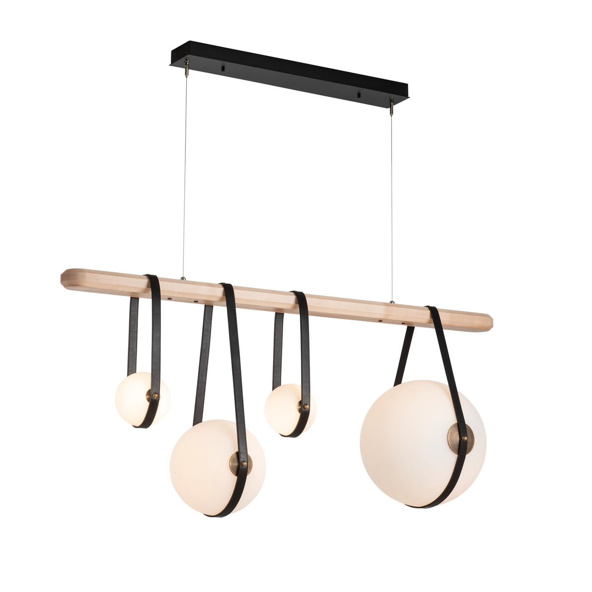 Hubbardton Forge 2021 Black Antique Brass Black Leather Maple Wood Opal Glass (GG) Standard Derby Linear 4-Light LED Pendant