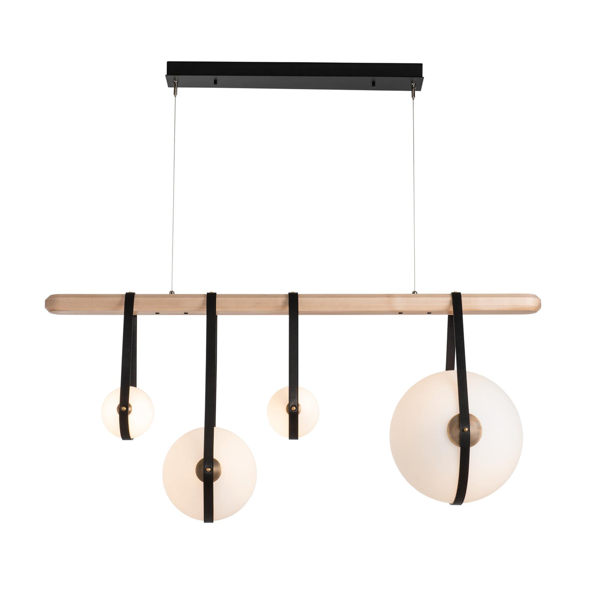 Hubbardton Forge 2021 Black Antique Brass Black Leather Maple Wood Opal Glass (GG) Standard Derby Linear 4-Light LED Pendant