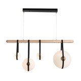 Hubbardton Forge 2021 Black Antique Brass Black Leather Maple Wood Opal Glass (GG) Standard Derby Linear 4-Light LED Pendant
