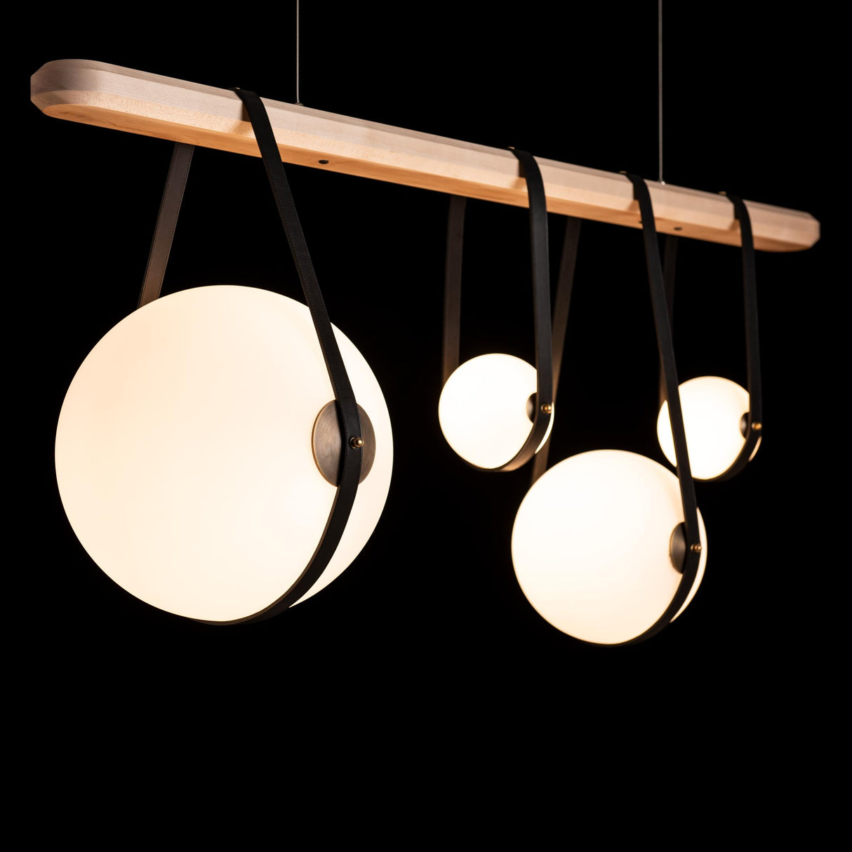 Hubbardton Forge 2021 Black Antique Brass Black Leather Maple Wood Opal Glass (GG) Standard Derby Linear 4-Light LED Pendant