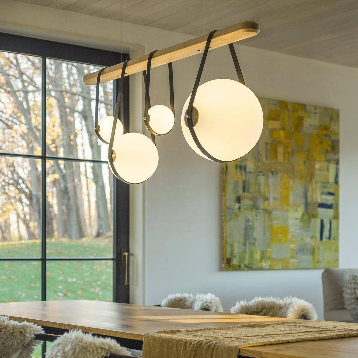 Hubbardton Forge 2021 Black Antique Brass Black Leather Maple Wood Opal Glass (GG) Standard Derby Linear 4-Light LED Pendant