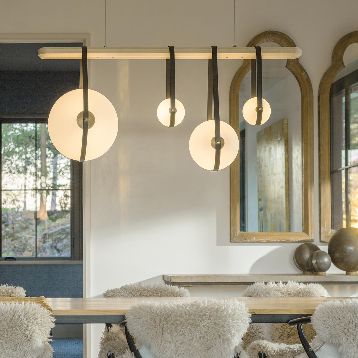 Hubbardton Forge 2021 Black Antique Brass Black Leather Maple Wood Opal Glass (GG) Standard Derby Linear 4-Light LED Pendant