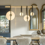 Hubbardton Forge 2021 Black Antique Brass Black Leather Maple Wood Opal Glass (GG) Standard Derby Linear 4-Light LED Pendant