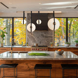 Hubbardton Forge 2021 Black Antique Brass Black Leather Maple Wood Opal Glass (GG) Standard Derby Linear 4-Light LED Pendant
