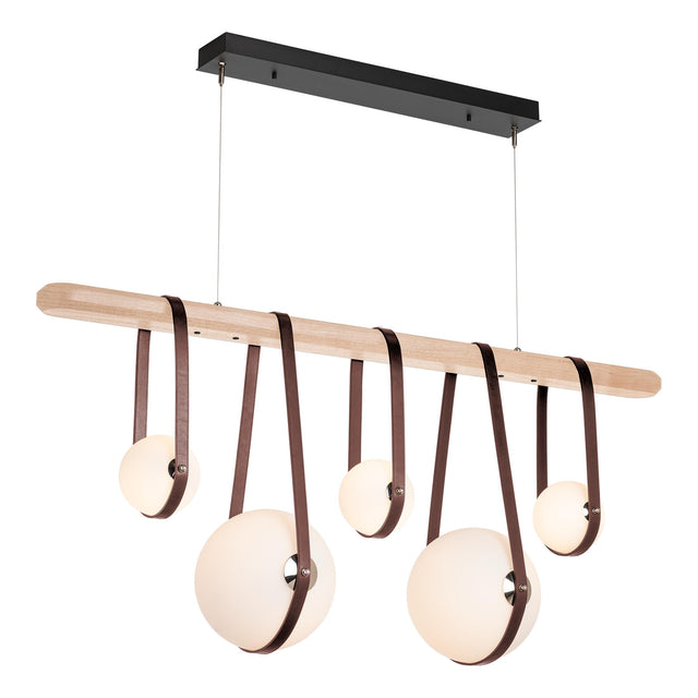 Hubbardton Forge 2021 Black Polished Nickel British Brown Leather Maple Wood Opal Glass (GG) Standard Derby Linear 5-Light LED Pendant
