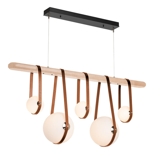 Hubbardton Forge 2021 Black Polished Nickel Chestnut Leather Maple Wood Opal Glass (GG) Standard Derby Linear 5-Light LED Pendant