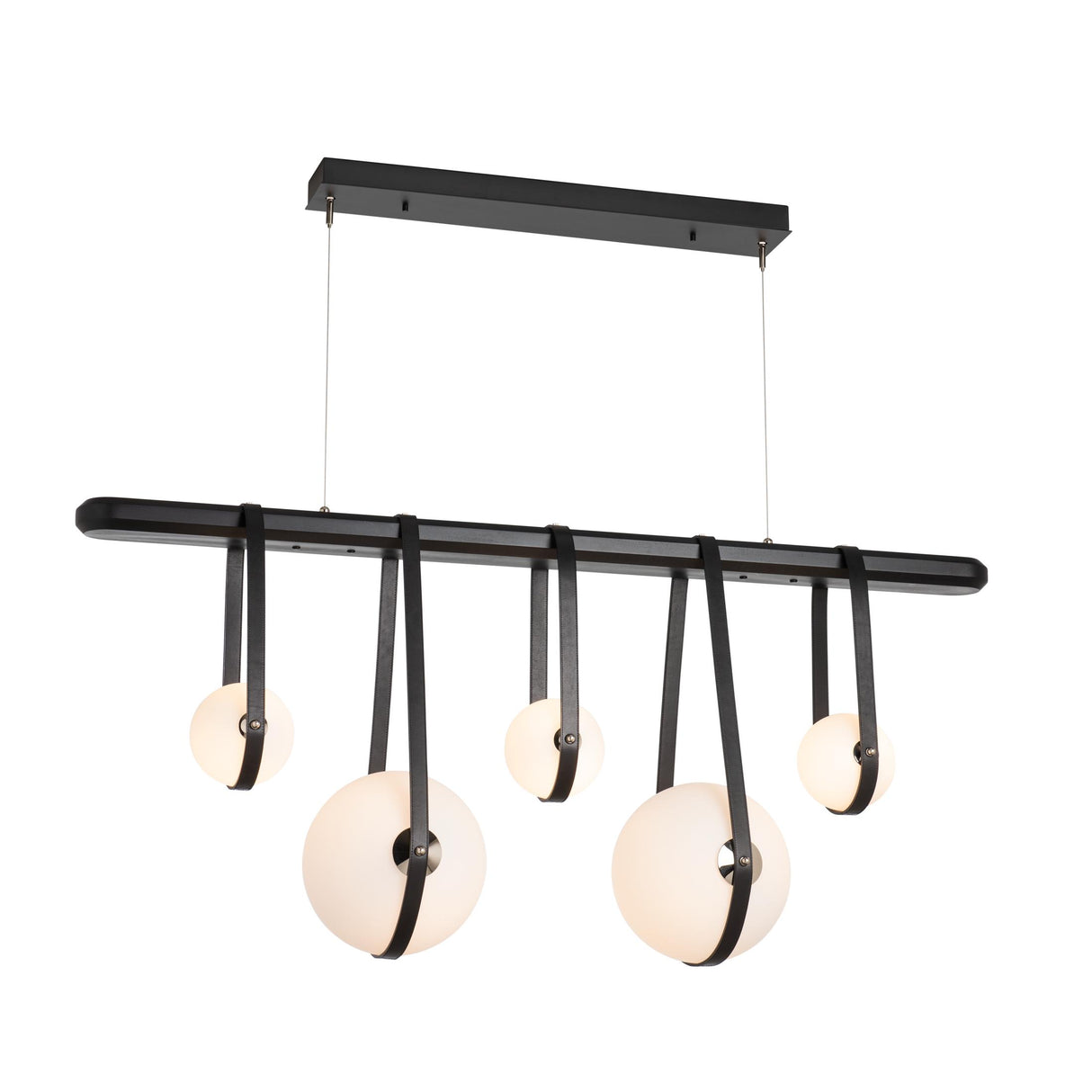 Hubbardton Forge 2021 Black Polished Nickel Black Leather Black Wood Opal Glass (GG) Standard Derby Linear 5-Light LED Pendant
