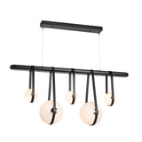 Hubbardton Forge 2021 Black Polished Nickel Black Leather Black Wood Opal Glass (GG) Standard Derby Linear 5-Light LED Pendant