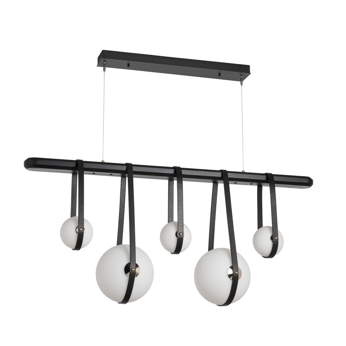 Hubbardton Forge 2021 Black Polished Nickel Black Leather Black Wood Opal Glass (GG) Standard Derby Linear 5-Light LED Pendant