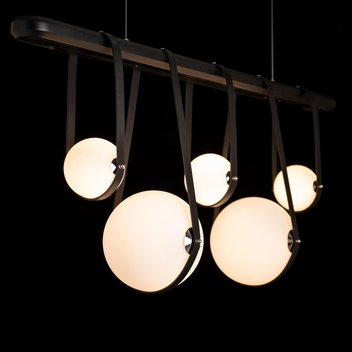 Hubbardton Forge 2021 Black Polished Nickel Black Leather Black Wood Opal Glass (GG) Standard Derby Linear 5-Light LED Pendant