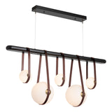 Hubbardton Forge 2021 Black Antique Brass British Brown Leather Black Wood Opal Glass (GG) Standard Derby Linear 5-Light LED Pendant