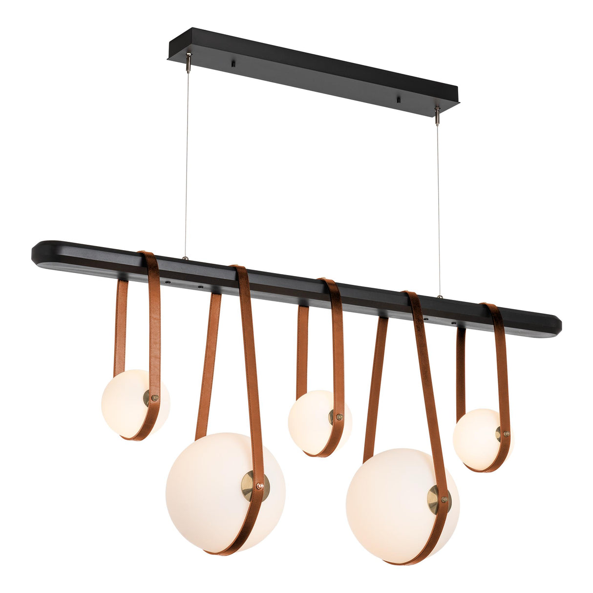 Hubbardton Forge 2021 Black Antique Brass Chestnut Leather Black Wood Opal Glass (GG) Standard Derby Linear 5-Light LED Pendant