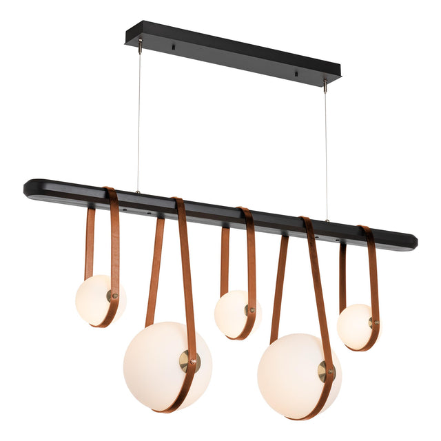 Hubbardton Forge 2021 Black Antique Brass Chestnut Leather Black Wood Opal Glass (GG) Standard Derby Linear 5-Light LED Pendant
