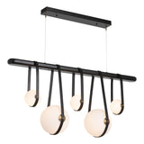 Hubbardton Forge 2021 Black Antique Brass Black Leather Black Wood Opal Glass (GG) Standard Derby Linear 5-Light LED Pendant