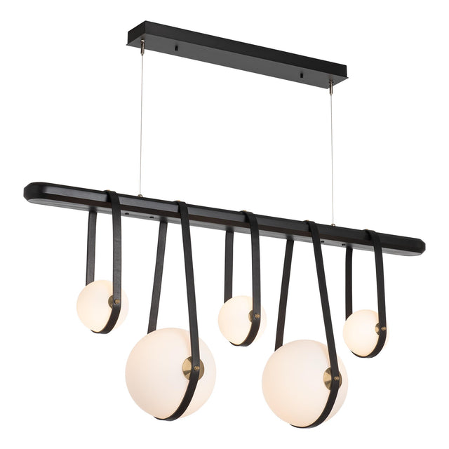 Hubbardton Forge 2021 Black Antique Brass Black Leather Black Wood Opal Glass (GG) Standard Derby Linear 5-Light LED Pendant