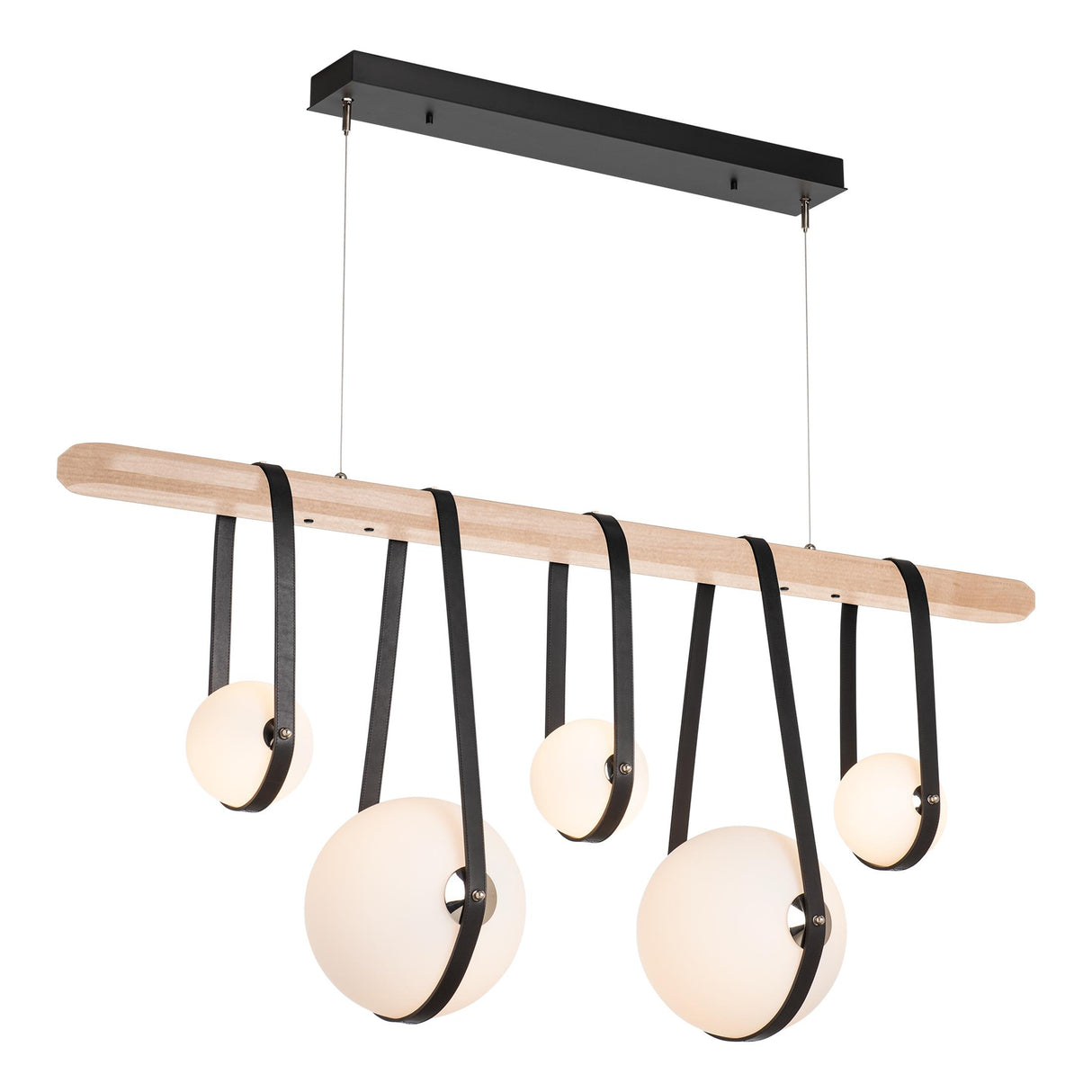 Hubbardton Forge 2021 Black Antique Brass Black Leather Maple Wood Opal Glass (GG) Standard Derby Linear 5-Light LED Pendant