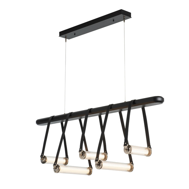 Hubbardton Forge 2021 Black Polished Nickel Black Leather Black Wood Clear Glass (ZM) Standard York Linear 5-Light LED Pendant