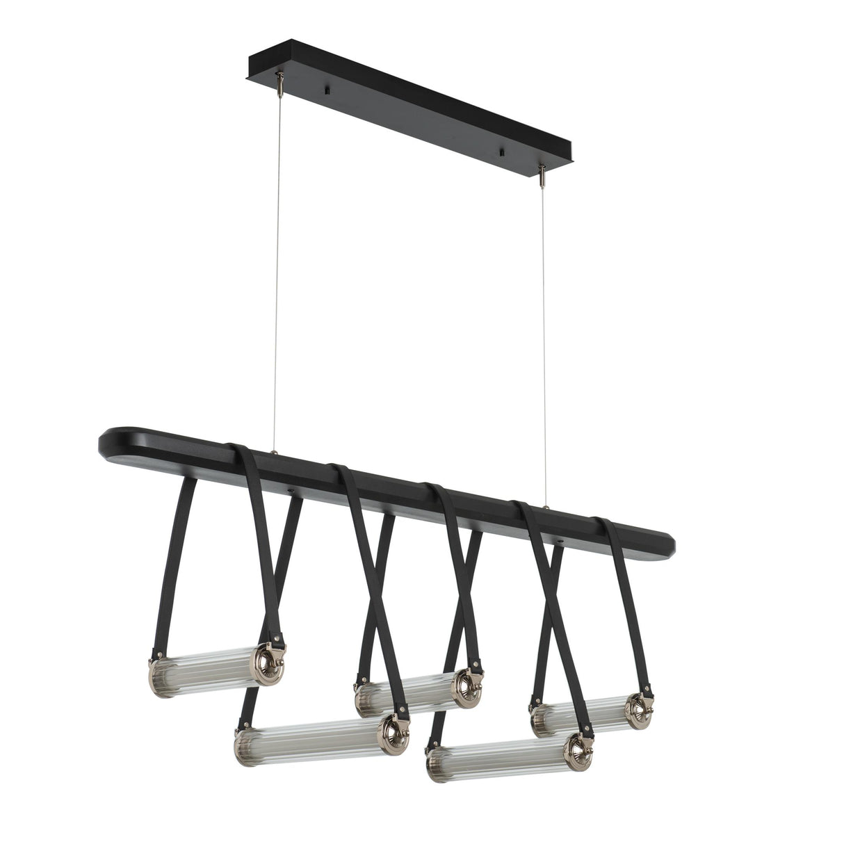 Hubbardton Forge 2021 Black Polished Nickel Black Leather Black Wood Clear Glass (ZM) Standard York Linear 5-Light LED Pendant