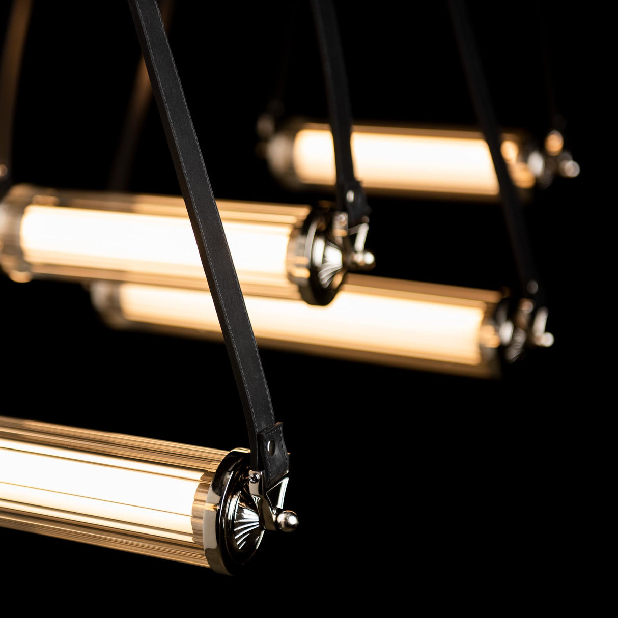 Hubbardton Forge 2021 Black Polished Nickel Black Leather Black Wood Clear Glass (ZM) Standard York Linear 5-Light LED Pendant