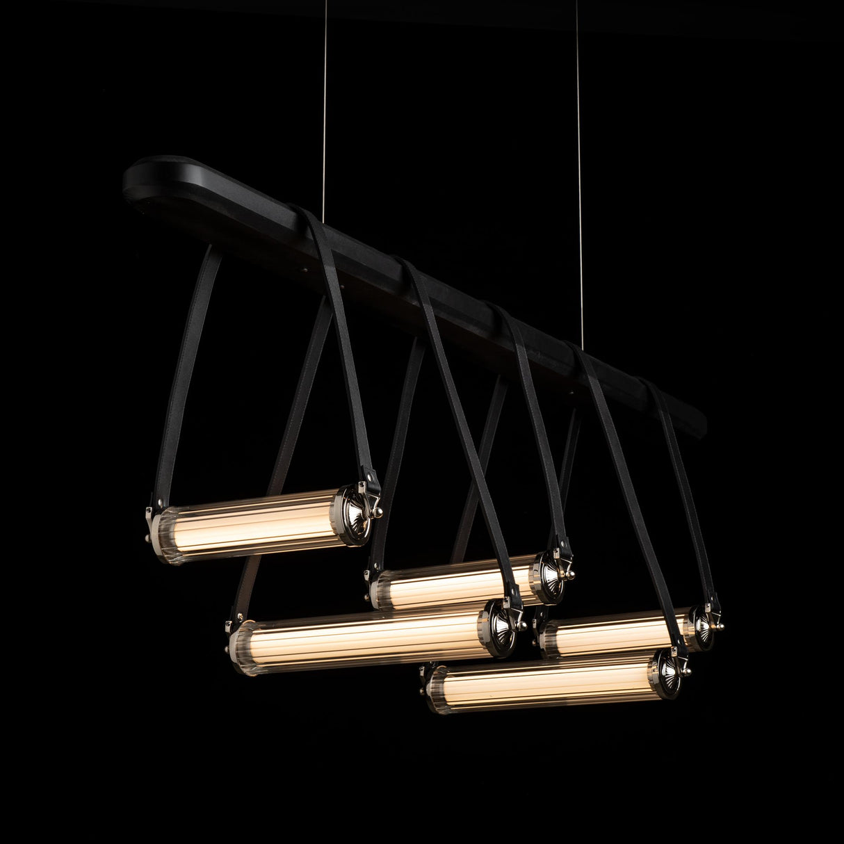 Hubbardton Forge 2021 Black Polished Nickel Black Leather Black Wood Clear Glass (ZM) Standard York Linear 5-Light LED Pendant