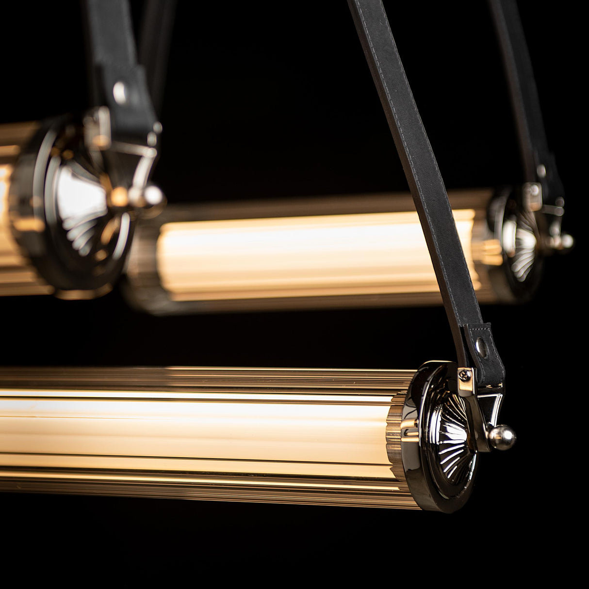 Hubbardton Forge 2021 Black Polished Nickel Black Leather Black Wood Clear Glass (ZM) Standard York Linear 5-Light LED Pendant