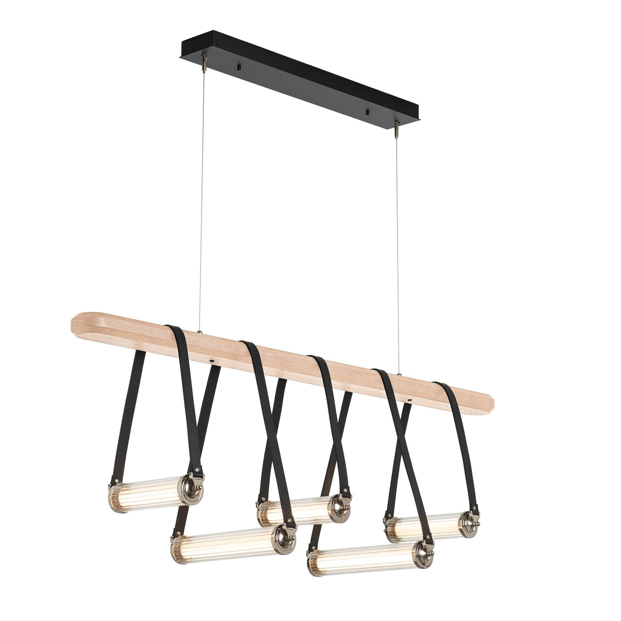 Hubbardton Forge 2021 Black Polished Nickel Black Leather Maple Wood Clear Glass (ZM) Standard York Linear 5-Light LED Pendant