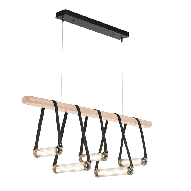 Hubbardton Forge 2021 Black Polished Nickel Black Leather Maple Wood Clear Glass (ZM) Standard York Linear 5-Light LED Pendant
