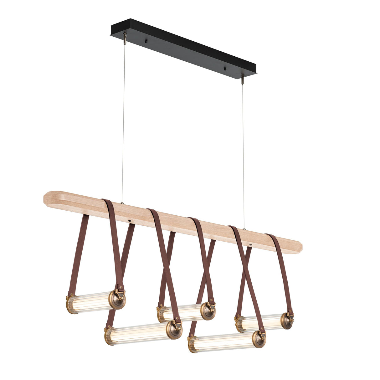 Hubbardton Forge 2021 Black Antique Brass British Brown Leather Maple Wood Clear Glass (ZM) Standard York Linear 5-Light LED Pendant