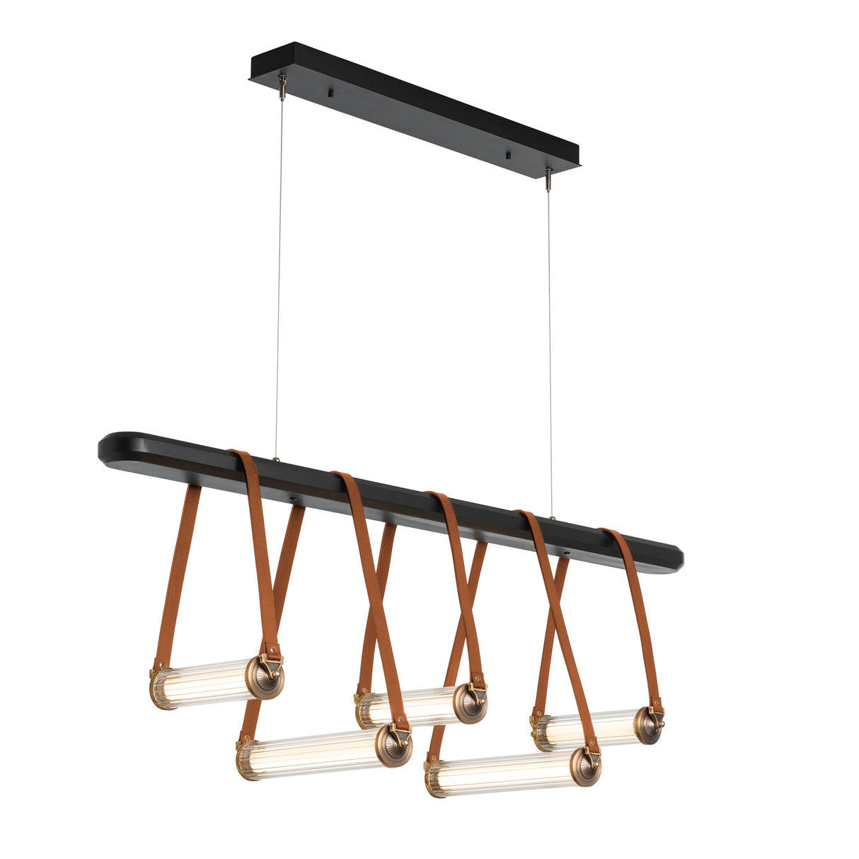 Hubbardton Forge 2021 Black Antique Brass Chestnut Leather Black Wood Clear Glass (ZM) Standard York Linear 5-Light LED Pendant