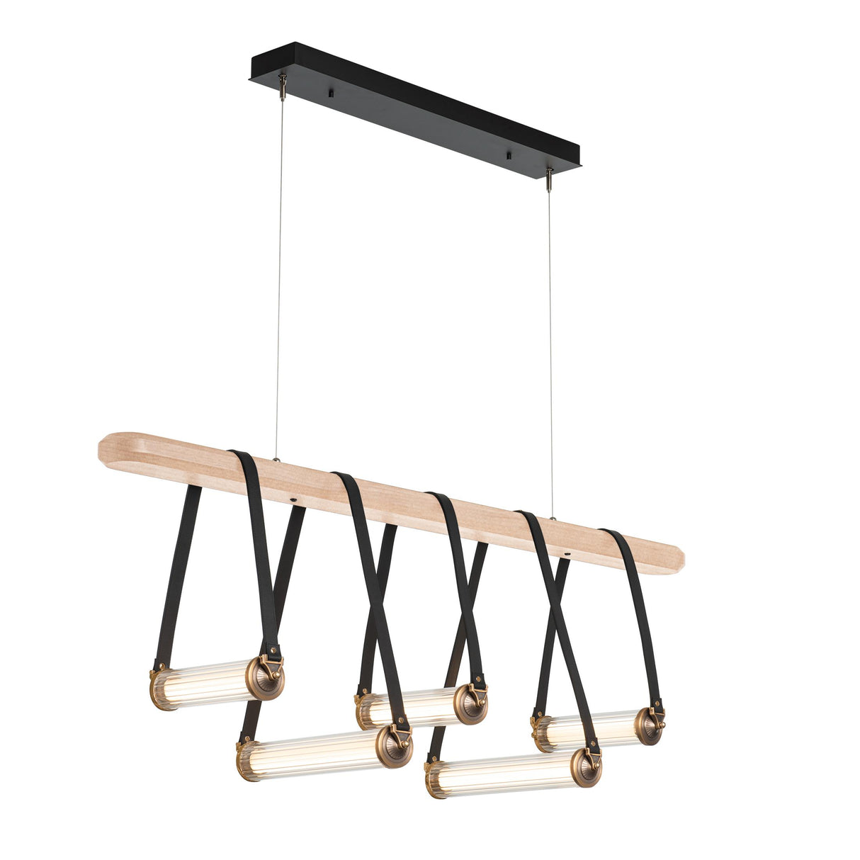 Hubbardton Forge 2021 Black Antique Brass Black Leather Maple Wood Clear Glass (ZM) Standard York Linear 5-Light LED Pendant