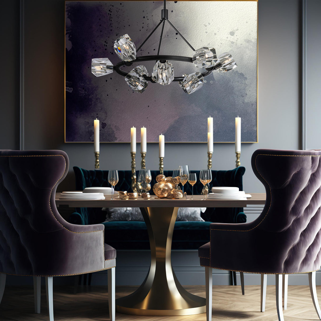 Hubbardton Forge 2023 Black Crystal Multi Gatsby 9-Light Ring Pendant