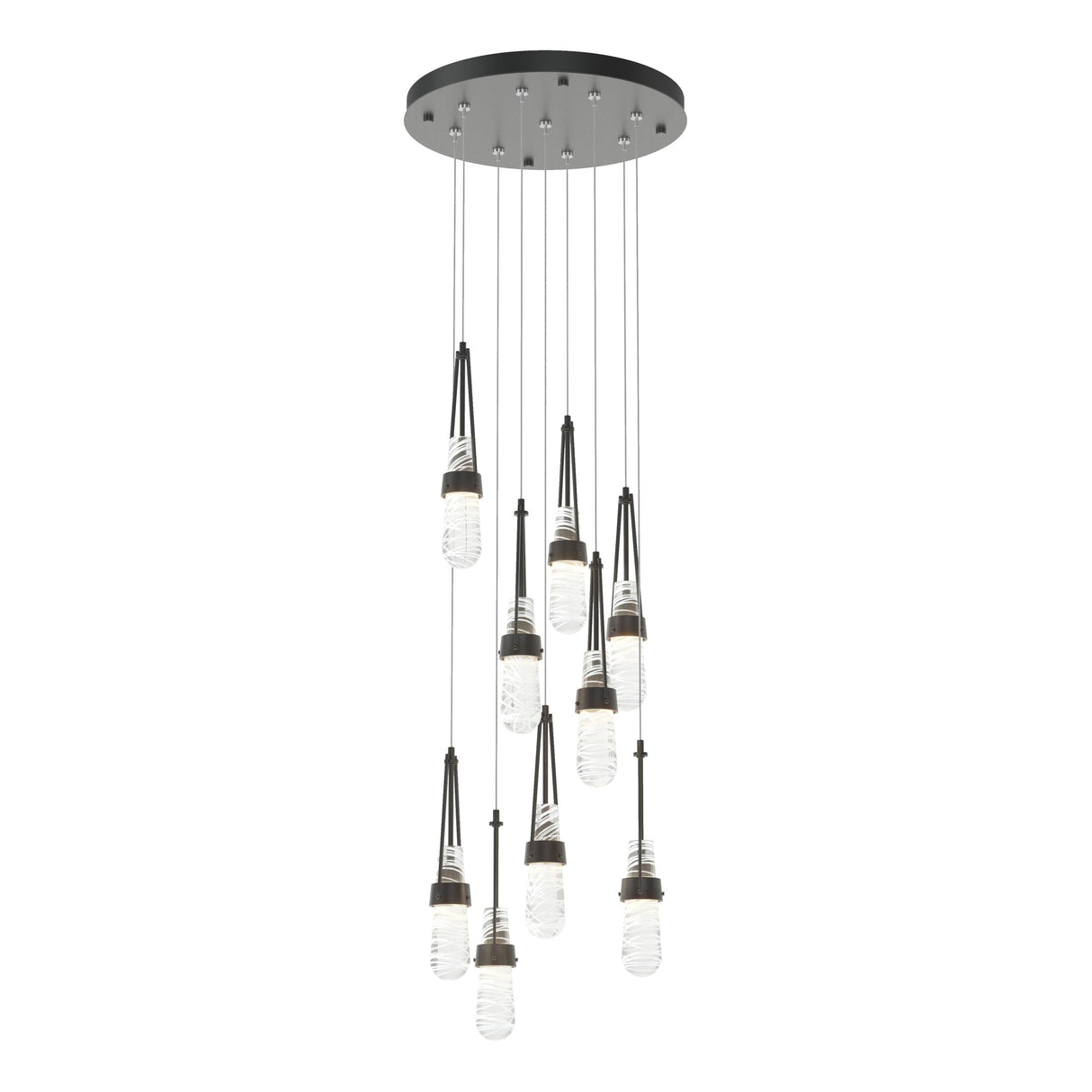 Hubbardton Forge 2022 Black Clear Glass with White Threading (YJ) Standard Link 9-Light Blown Glass Pendant