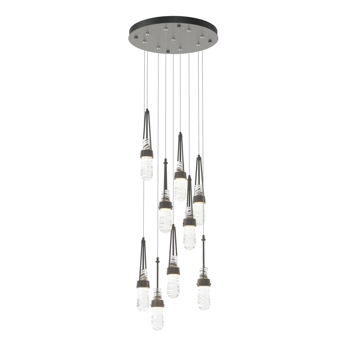 Hubbardton Forge 2022 Natural Iron Clear Glass with White Threading (YJ) Standard Link 9-Light Blown Glass Pendant