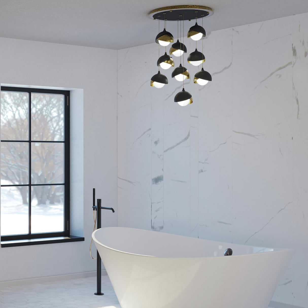 Hubbardton Forge 2022 Black Modern Brass Opal Glass (GG) Standard Brooklyn 9-Light Double Shade Pendant