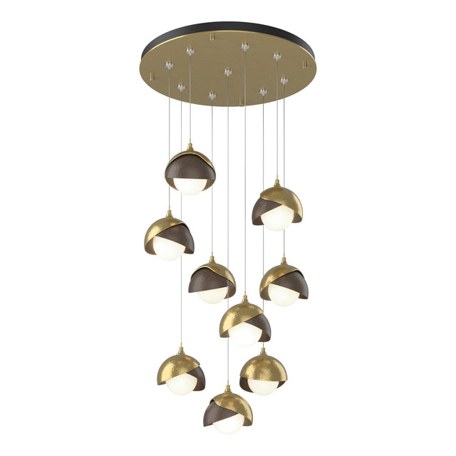 Hubbardton Forge 2022 Modern Brass Bronze Opal Glass (GG) Standard Brooklyn 9-Light Double Shade Pendant