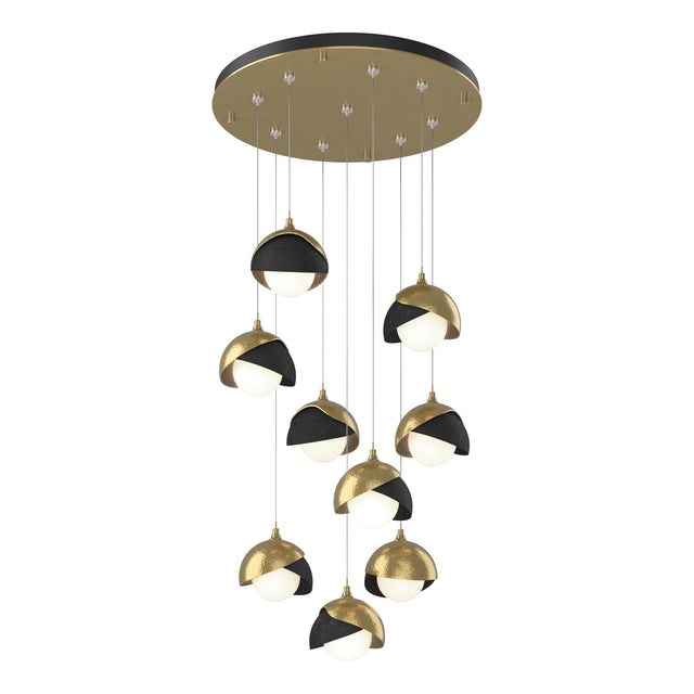 Hubbardton Forge 2022 Modern Brass Black Opal Glass (GG) Standard Brooklyn 9-Light Double Shade Pendant