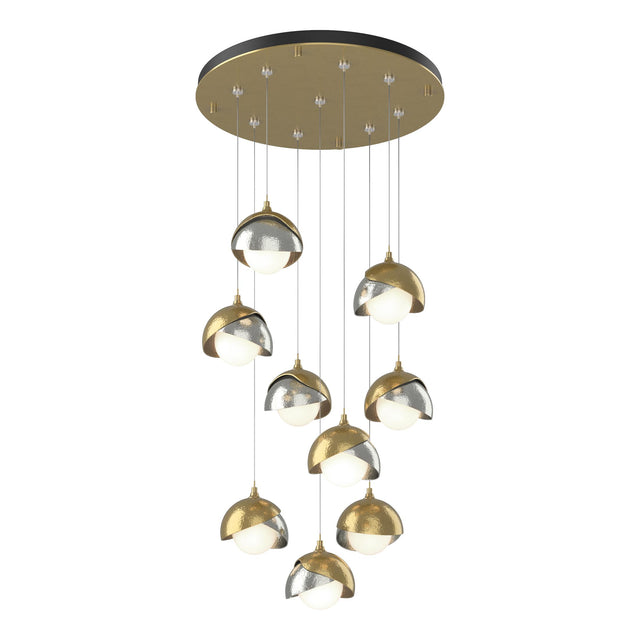 Hubbardton Forge 2022 Modern Brass Sterling Opal Glass (GG) Standard Brooklyn 9-Light Double Shade Pendant