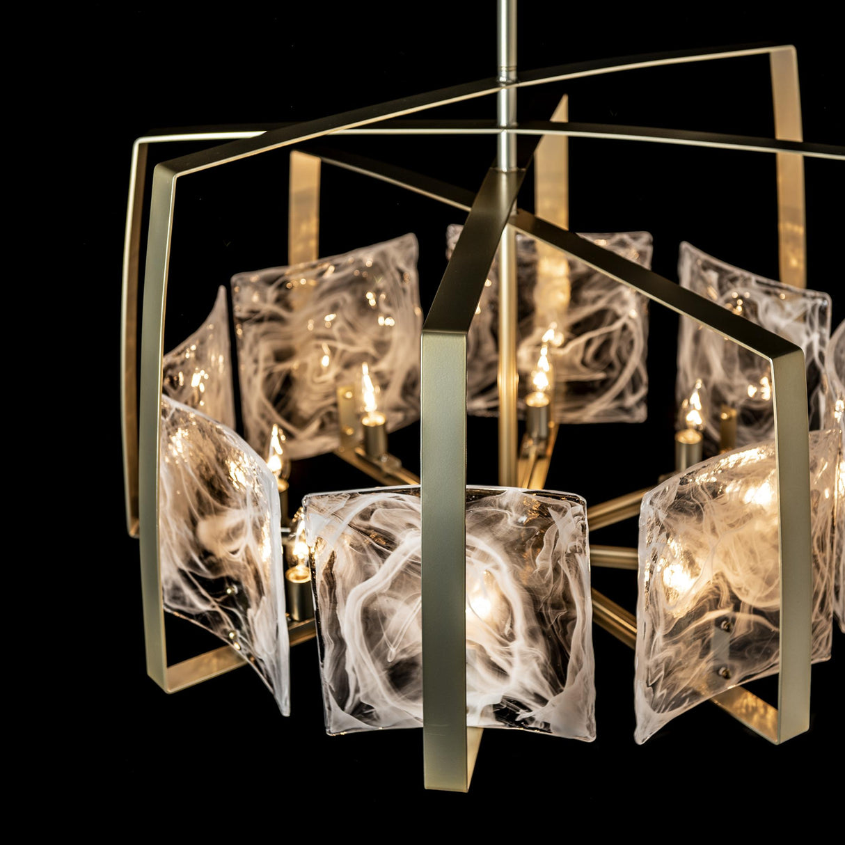 Hubbardton Forge 2022 Modern Brass White Swirl Glass (YR) Multi Arc 8-Light Pendant