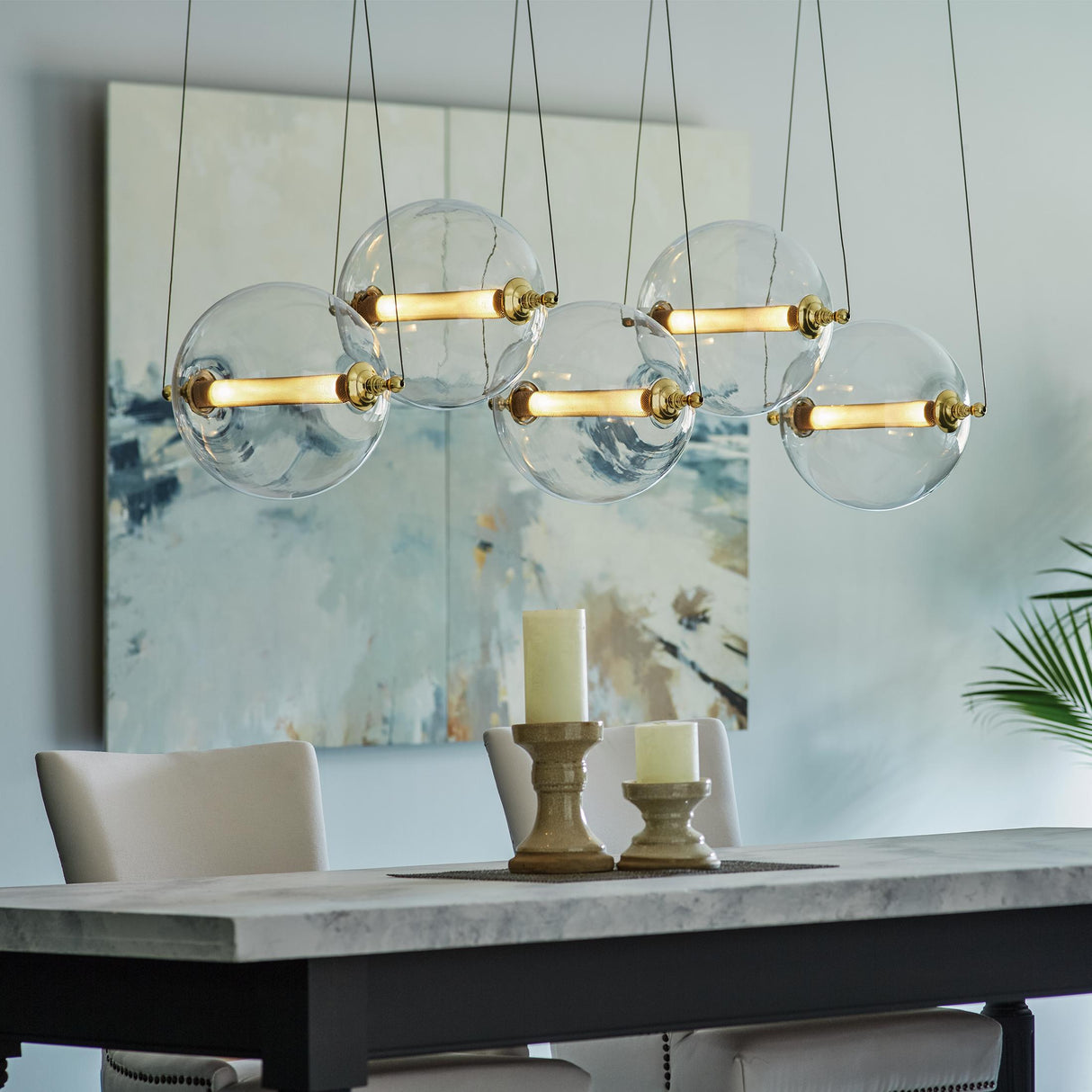 Hubbardton Forge 2017 Black with Brass Accents Clear Glass with Stainless Steel Mesh Tube (YT) Standard Otto Sphere 5 Light Pendant