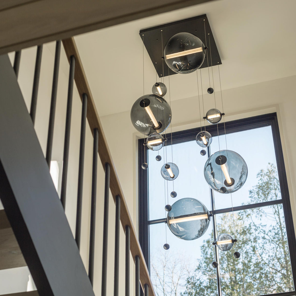 Hubbardton Forge 2021 Black Cool Grey Glass (YL) Standard Abacus 10-Light Square LED Pendant