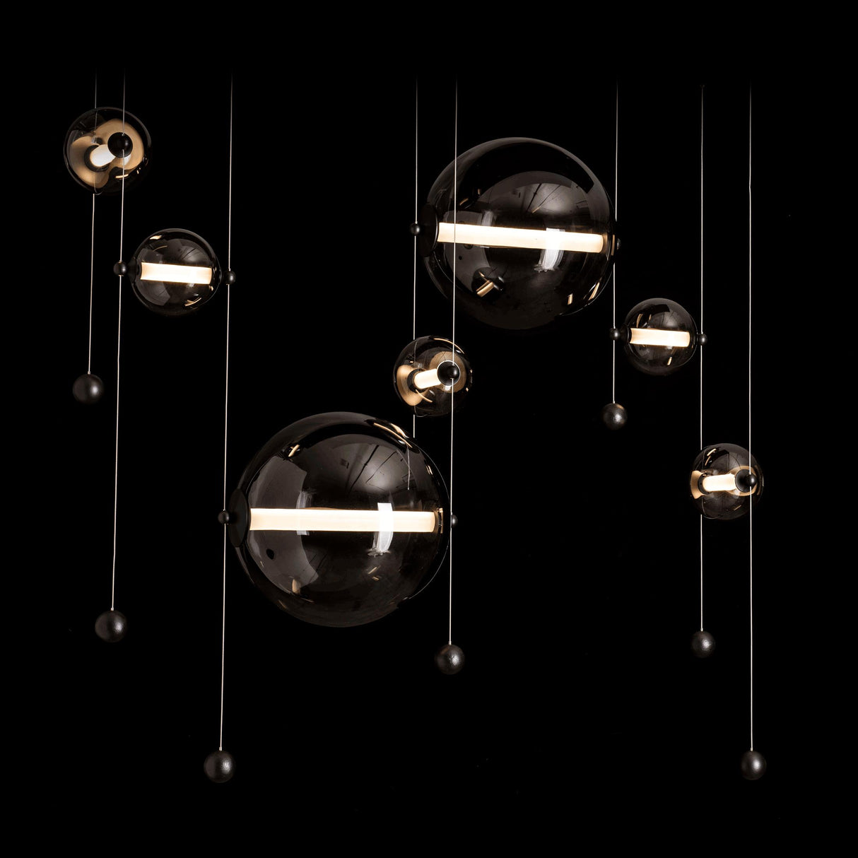 Hubbardton Forge 2021 Black Cool Grey Glass (YL) Standard Abacus 7-Light Double Linear LED Pendant