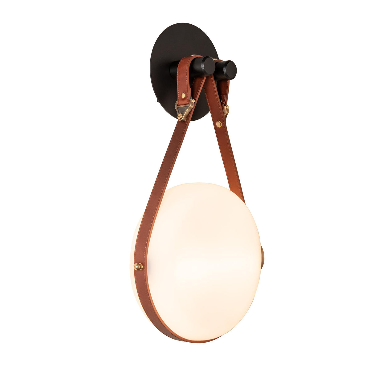 Hubbardton Forge 2020 Black Antique Brass British Brown Leather Hubbardton forge Branded Plate Opal Glass (GG) Derby LED Sconce