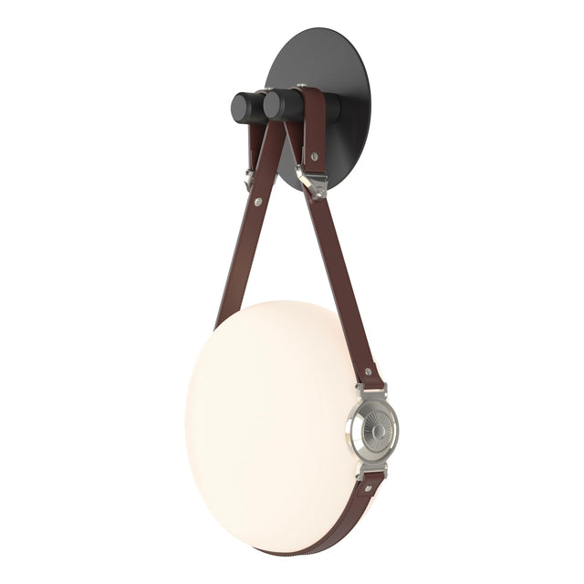Hubbardton Forge 2020 Black Polished Nickel British Brown Leather Non-Branded Plate Opal Glass (GG) Derby LED Sconce