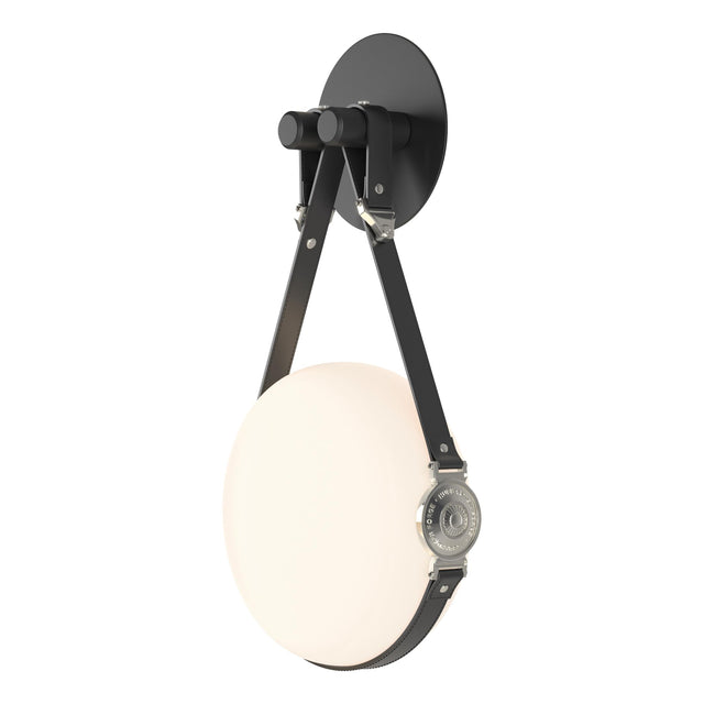 Hubbardton Forge 2020 Black Polished Nickel Black Leather Hubbardton forge Branded Plate Opal Glass (GG) Derby LED Sconce