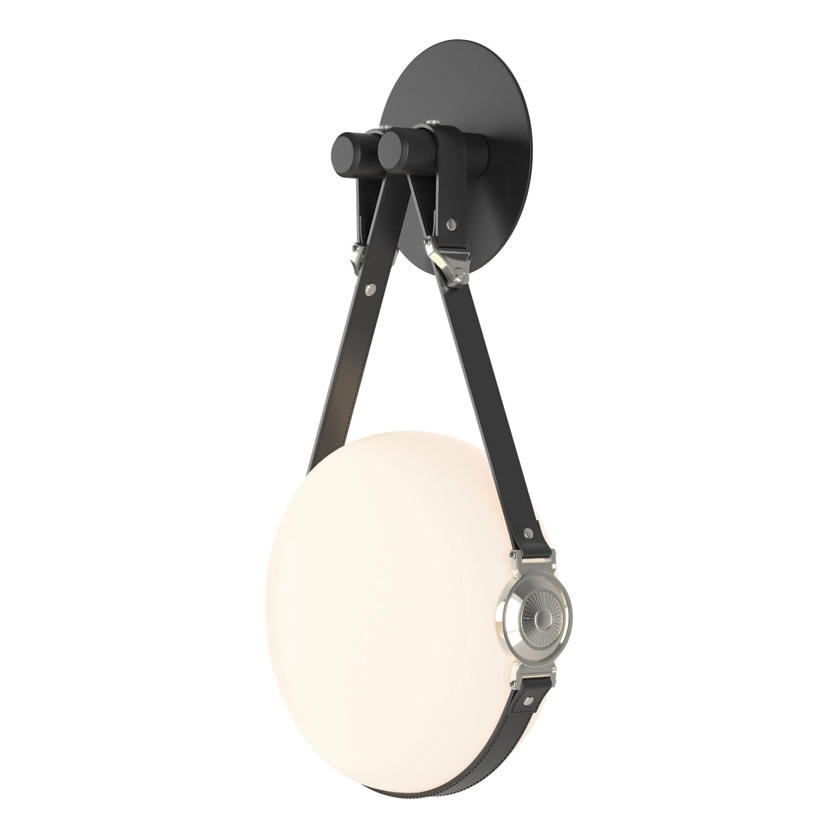 Hubbardton Forge 2020 Black Polished Nickel Black Leather Non-Branded Plate Opal Glass (GG) Derby LED Sconce