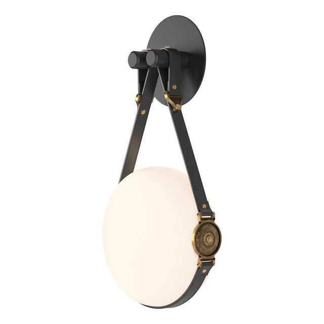Hubbardton Forge 2020 Black Antique Brass Black Leather Hubbardton forge Branded Plate Opal Glass (GG) Derby LED Sconce