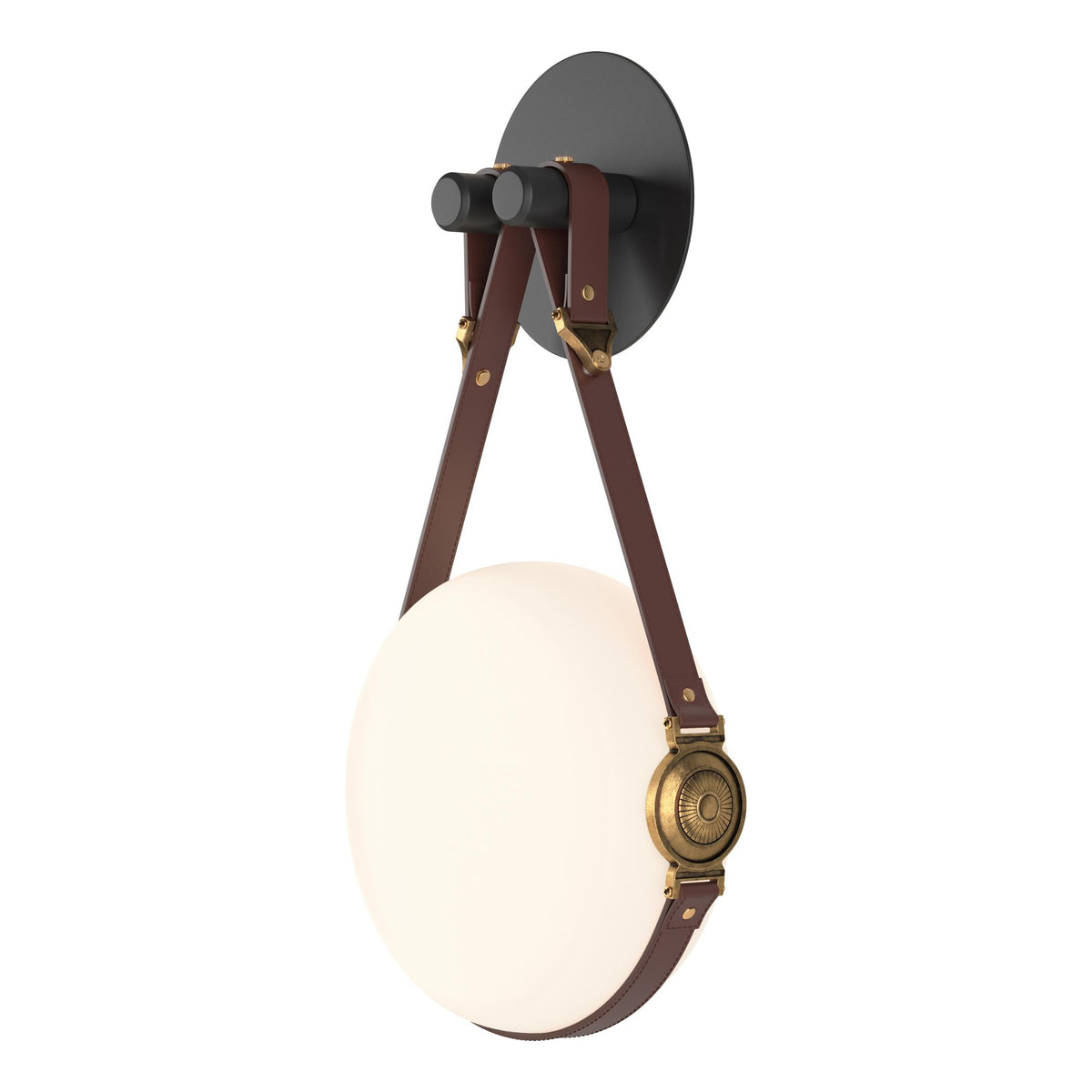 Hubbardton Forge 2020 Black Antique Brass British Brown Leather Non-Branded Plate Opal Glass (GG) Derby LED Sconce